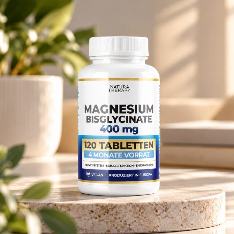 Magnesium Bisglycinate – бело шише на камен постамент, веганска формула