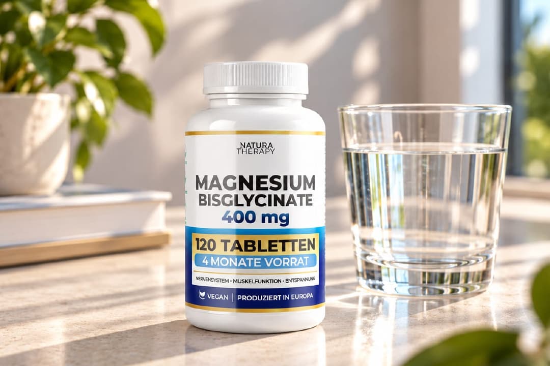 Пакување Magnesium Bisglycinate покрај чаша вода на сончева маса