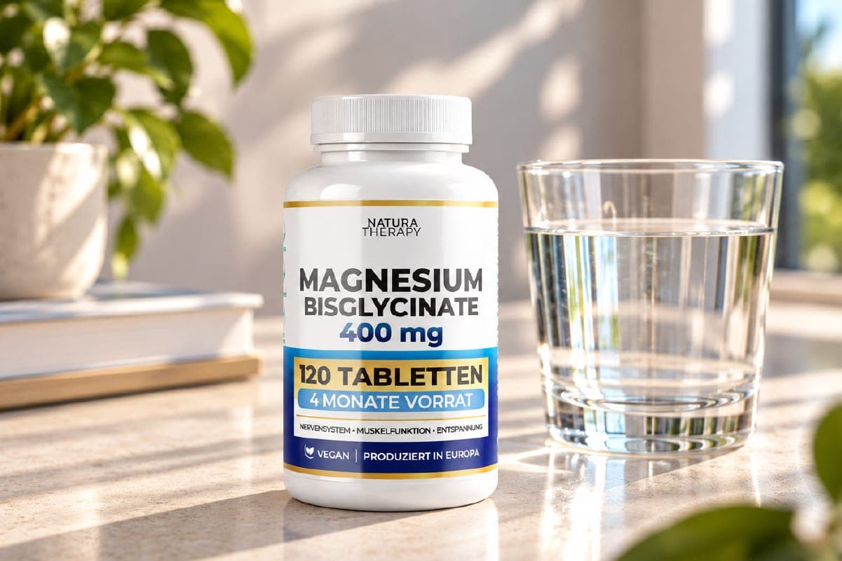 Magnesium Bisglycinate – бело шише покрај чаша вода на сончева маса