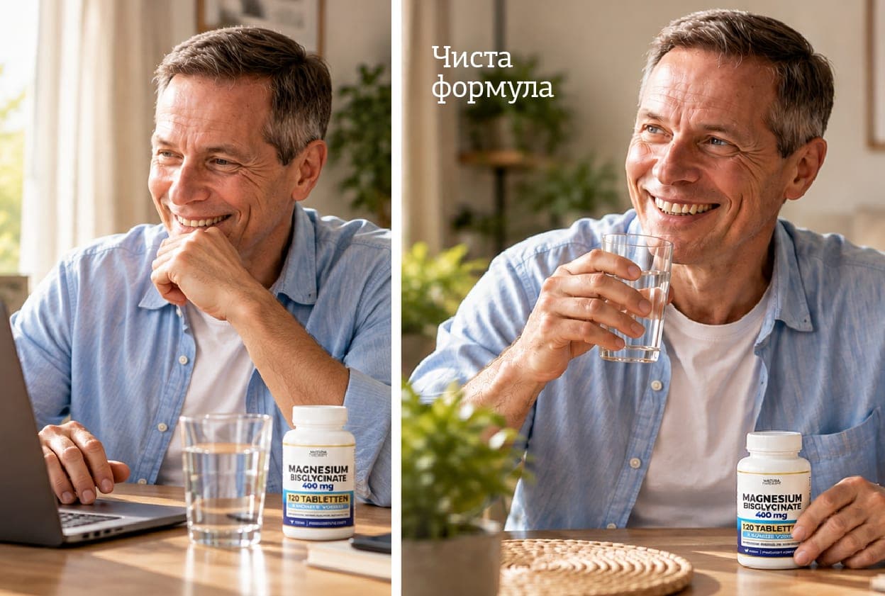 Magnesium Bisglycinate – насмеан маж на биро со шишето и чаша вода, натпис „Чиста формула“