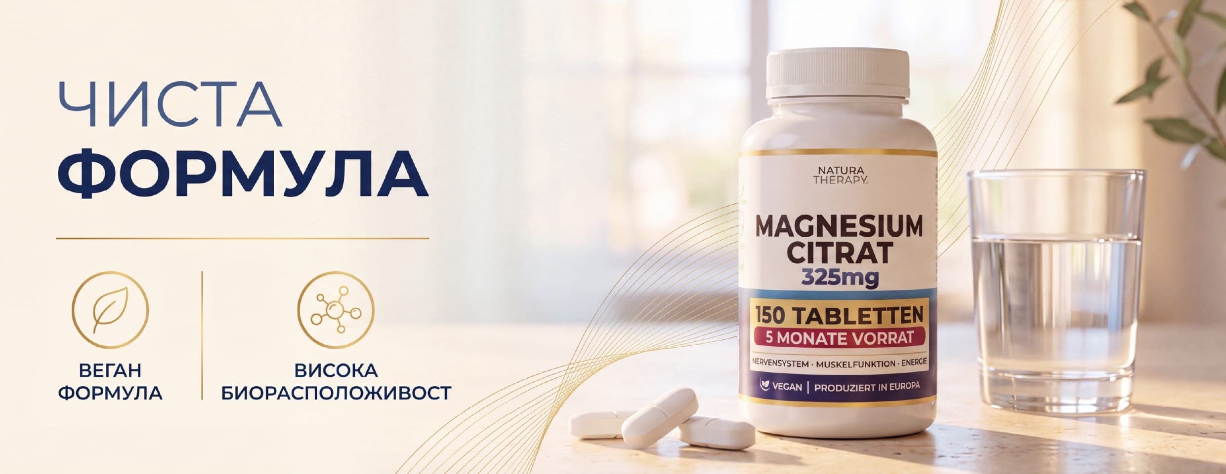 Magnesium Citrat – бело шише со бели таблети и чаша вода, натпис „Чиста формула“