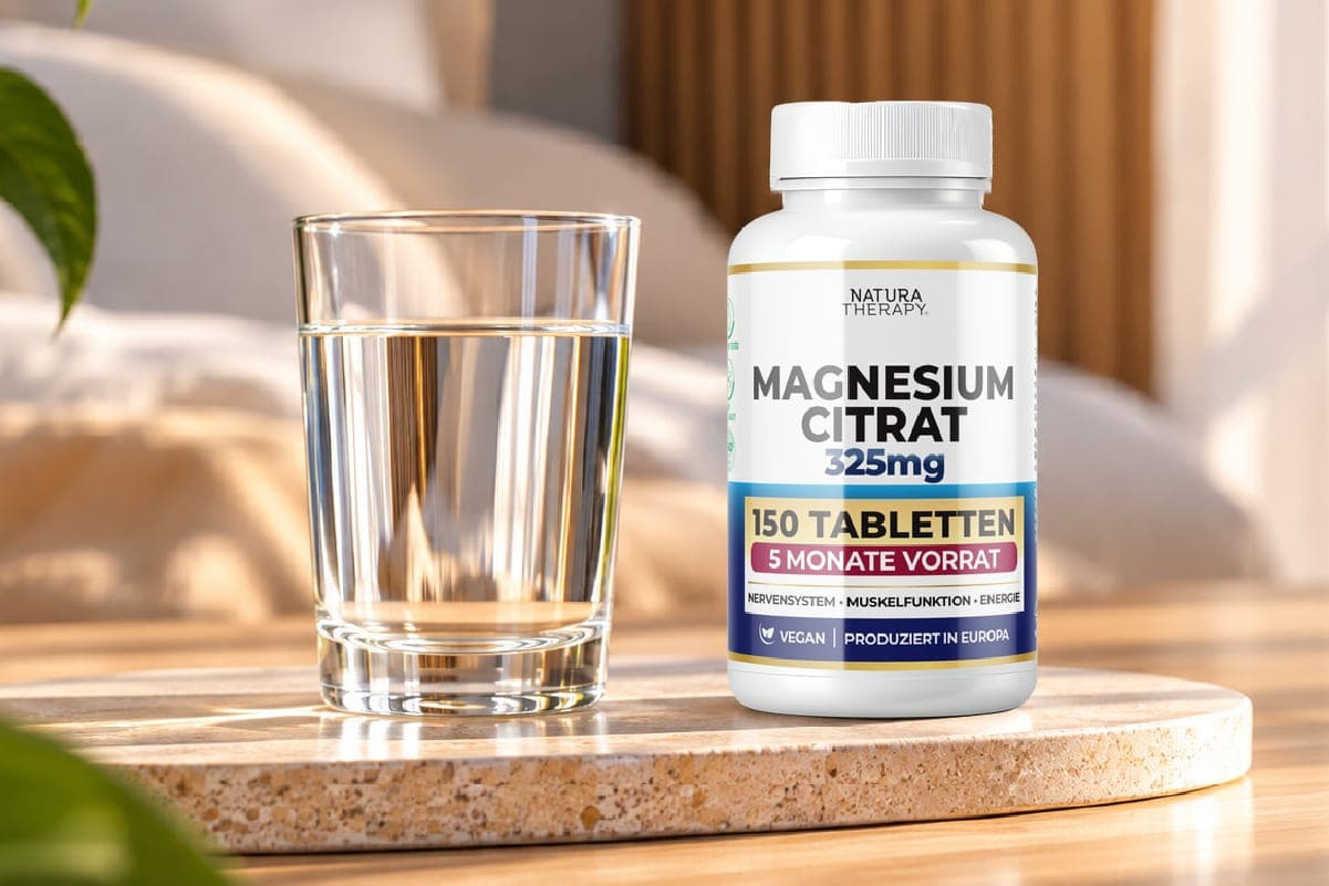 Magnesium Citrat – бело шише покрај чаша вода
