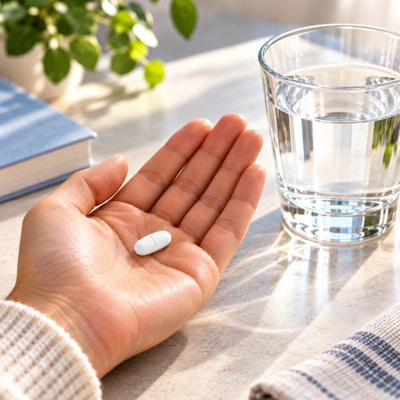 Magnesium Citrat – бела таблета на дланка покрај чаша вода