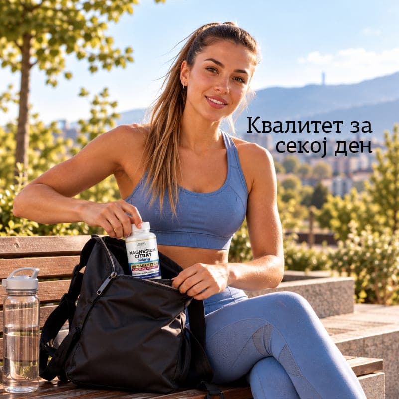 Magnesium Citrat – жена во син тренинг екип го става шишето во црна торба на клупа