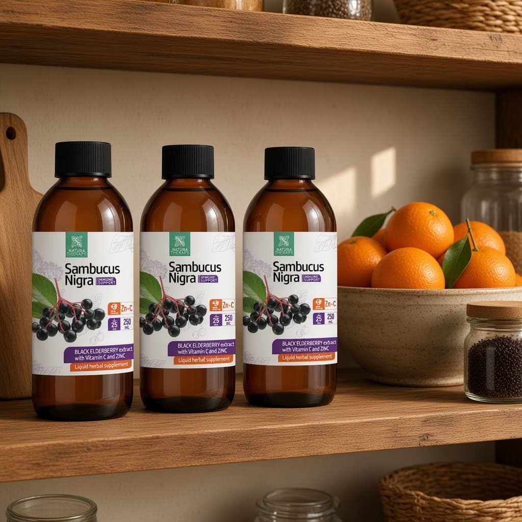 Три шишиња Sambucus Nigra на кујнска полица, покрај портокали