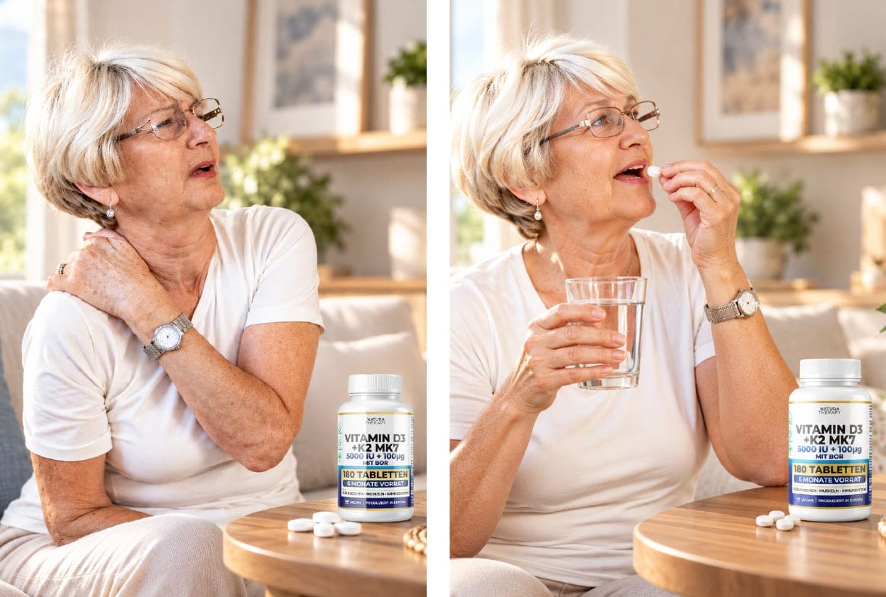 Vitamin D3 + K2 MK7 – постара жена на софа со рака на рамото, потоа зема таблета со чаша вода