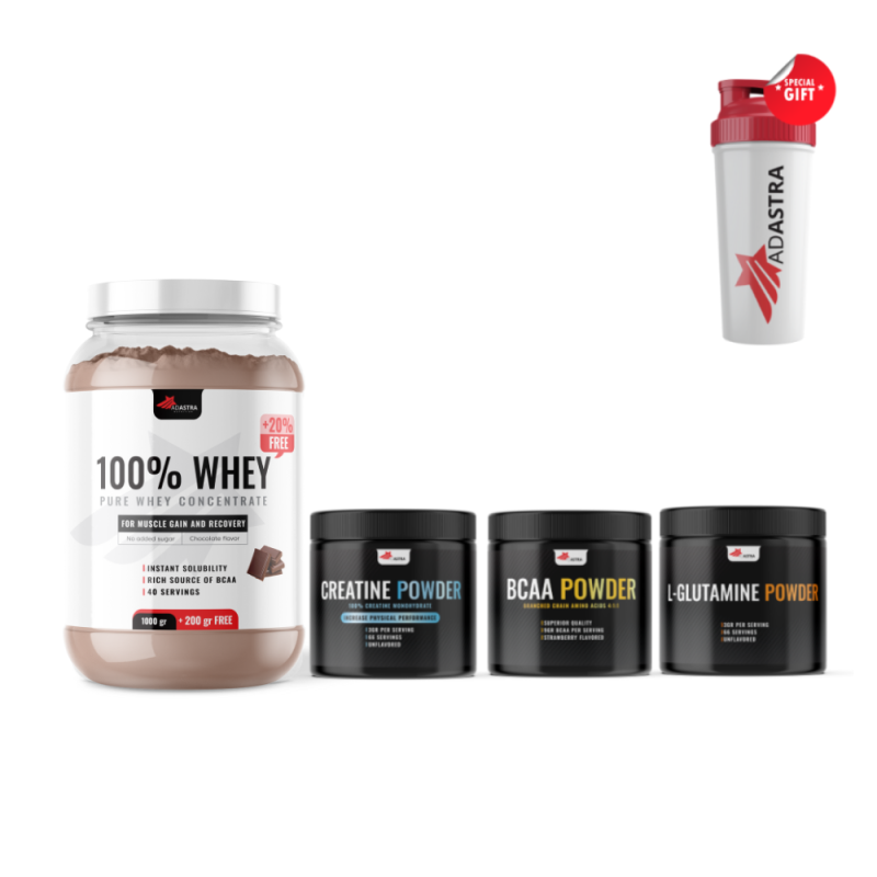 100% WHEY Protein, (1500g) + CREATINE MONOHYDRATE + BCAA + L-GLUTAMIN + подарок Shaker