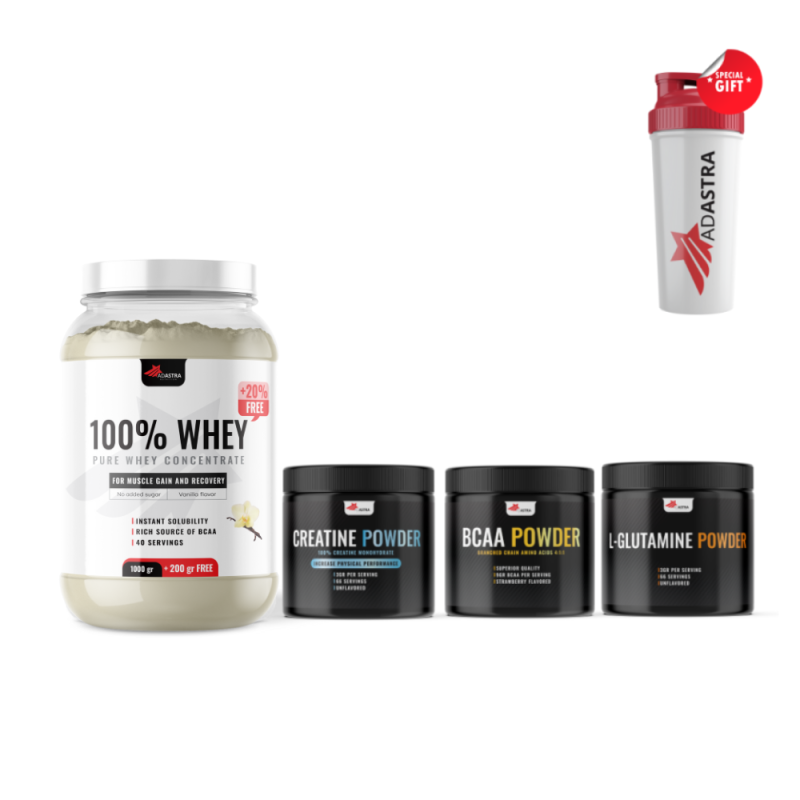 100% WHEY Protein, (1500g) +  CREATINE MONOHYDRATE + BCAA + L-GLUTAMIN + подарок Shaker