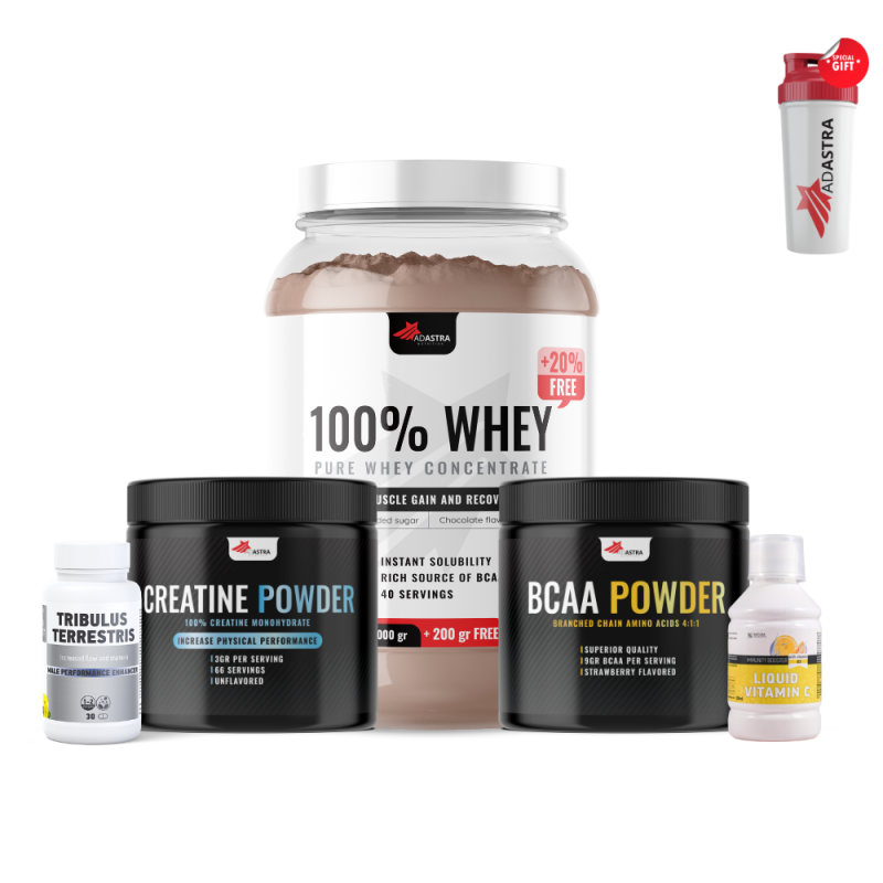 100% WHEY Protein, (1200g) + CREATINE MONOHYDRATE + BCAA + LIQUID VITAMIN C + TRIBULUS TERRESTRIS + подарок Shaker