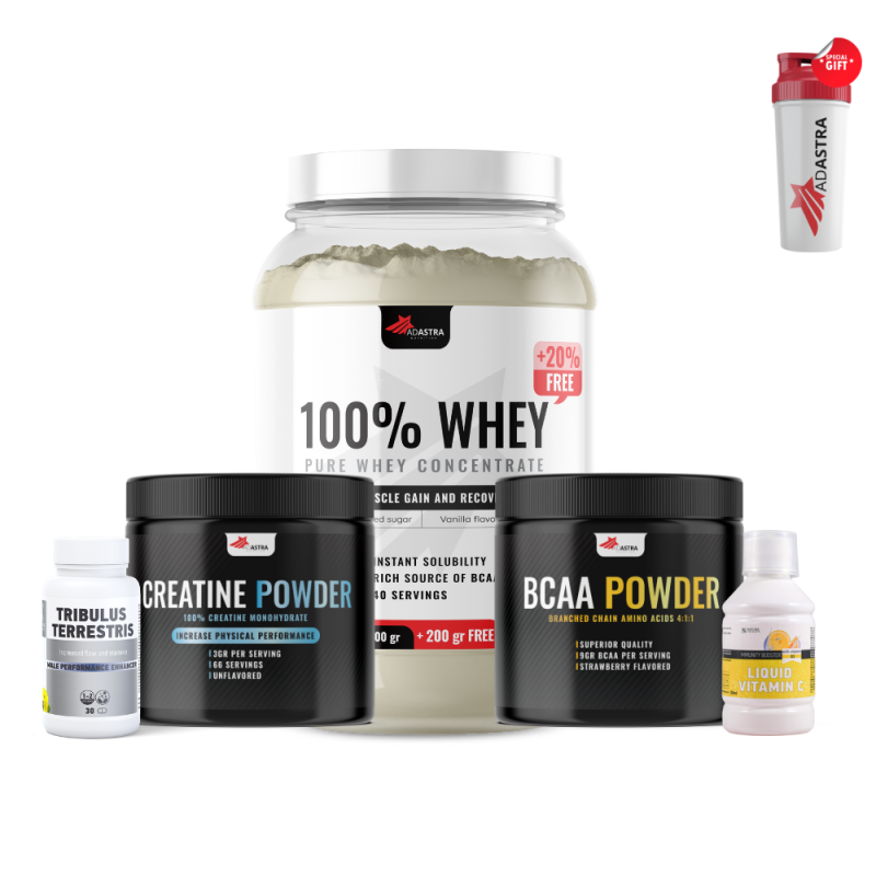 100% WHEY Protein, (1500g) + CREATINE MONOHYDRATE + BCAA + LIQUID VITAMIN C + TRIBULUS TERRESTRIS + подарок Shaker