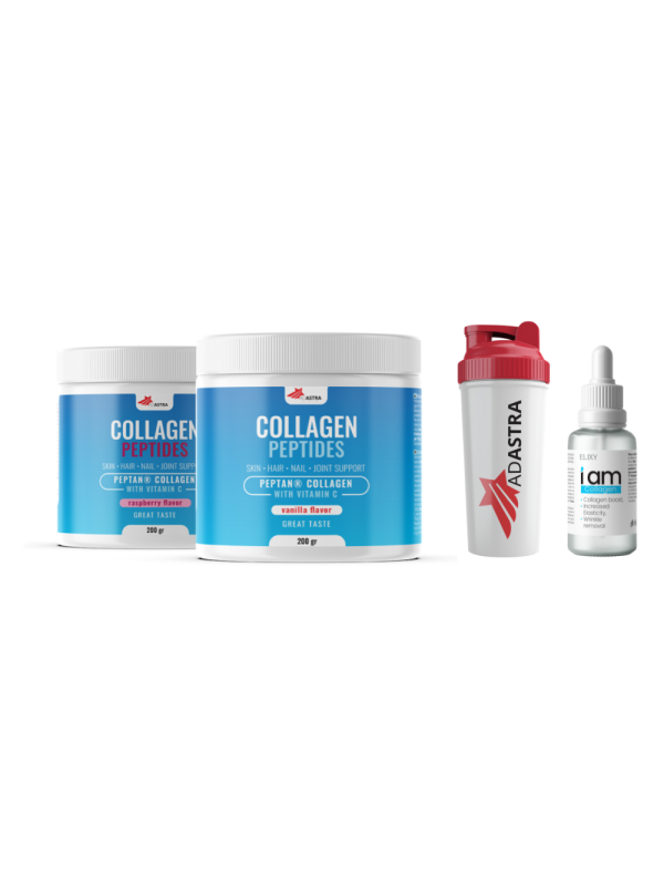 COLLAGEN PEPTIDES  (1+1) + Shaker + I'am Collagen серум - со вкус на ванила и малина - додаток на исхраната во прав со колагенски пептиди и витамин Ц, наменет за одржување на здравјето на кожата, зглобовите, мускулите и коските