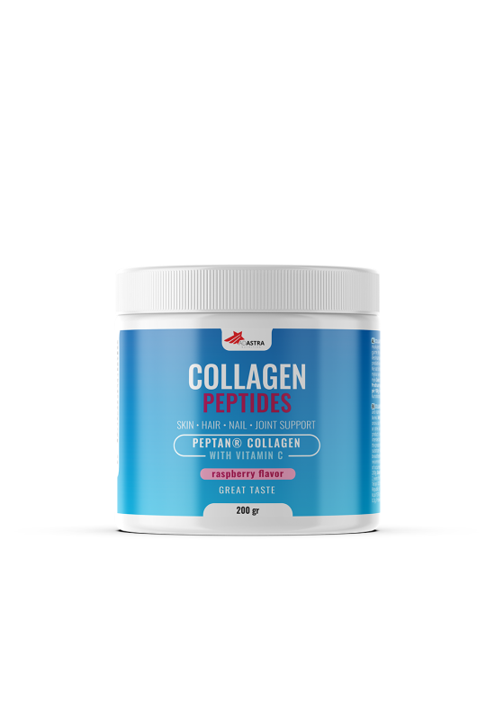 COLLAGEN PEPTIDES со вкус на малина - додаток на исхраната во прав со колагенски пептиди и витамин Ц, наменет за одржување на здравјето на кожата, зглобовите, мускулите и коските.