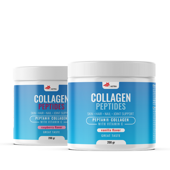 COLLAGEN PEPTIDES (1+1) with vanilla and raspberry flavor - nutritional supplement in powder with collagen peptides and vitamin C, intended for maintaining the health of the skin, joints, muscles and bones