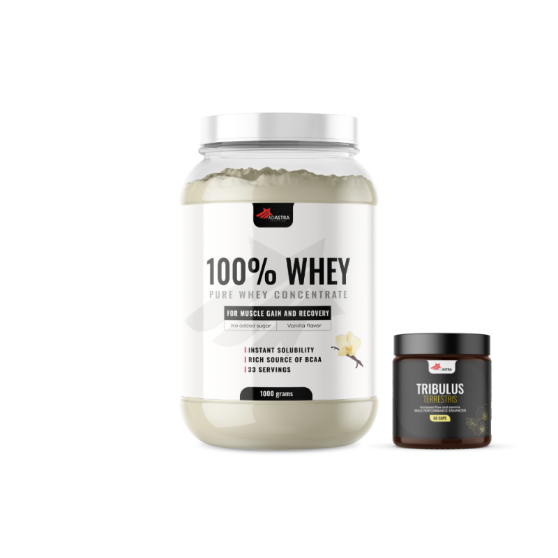 100% WHEY Protein, (1000g) + Tribulus Terrestis (60cps) - со вкус на ванила 100% WHEY Protein, (1000g) + Tribulus Terrestis (60cps) - со вкус на ванила